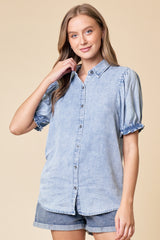 Puff Sleeve Tencel Button Down Shirt Light Denim