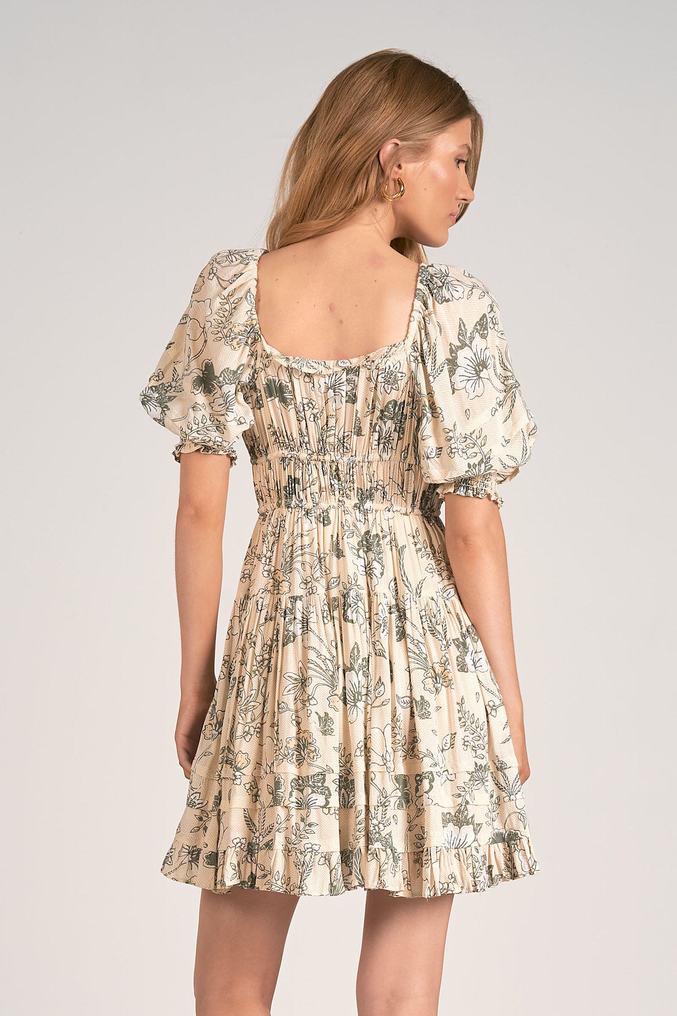Multi Tied Printed Smock Sleeve Babydoll Dress Cream Leaf