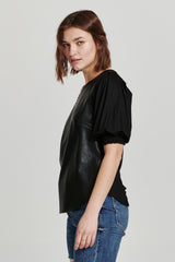 Marlowe Puff Sleeve Leather Contrast Top Black