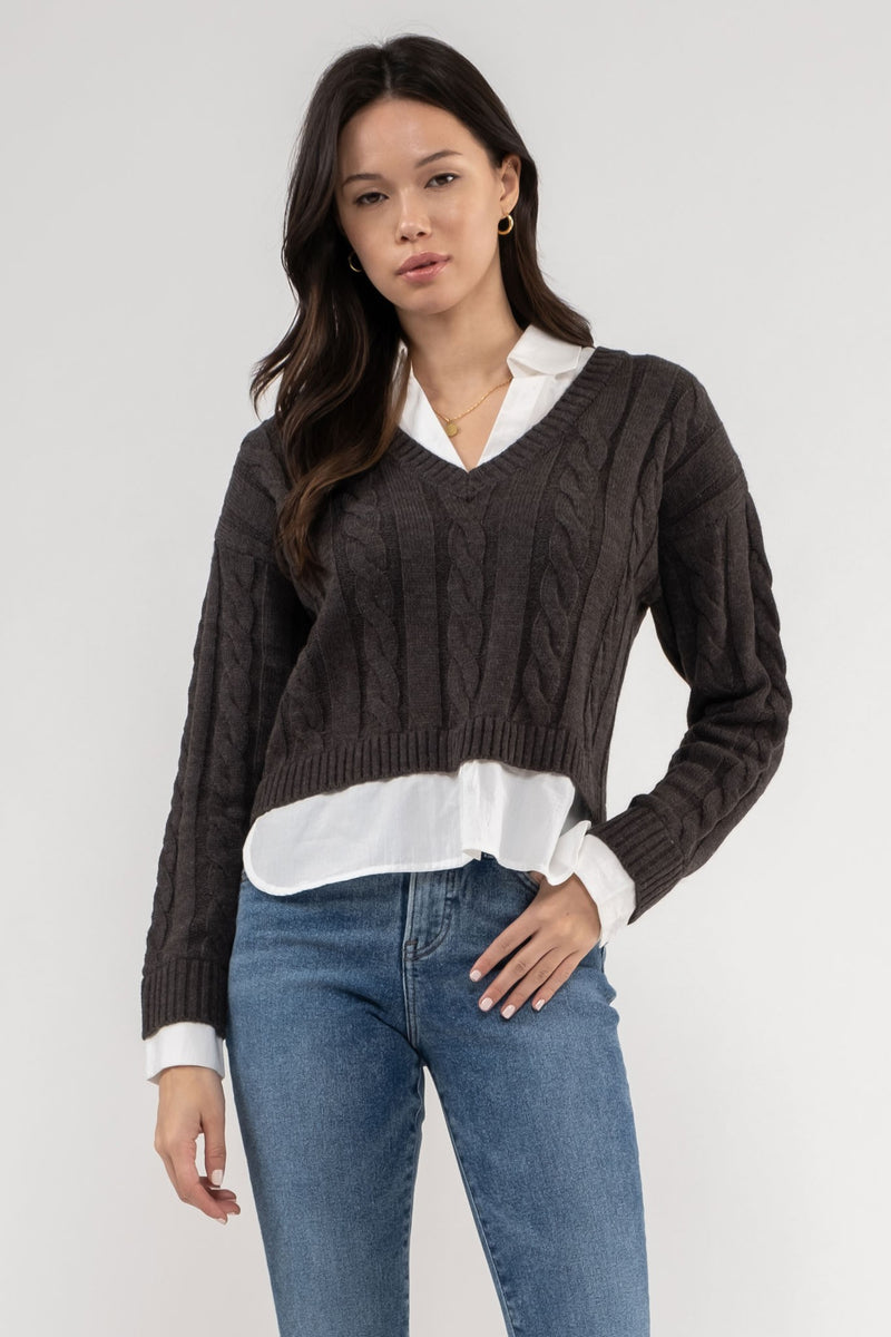 Layered Vneck Cable Knit Sweater Charcoal