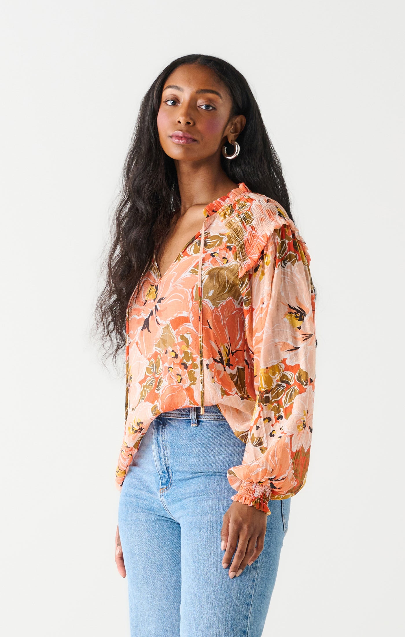 Smocked Ruffle Shoulder Front Tie Blouse Orange + Peach Floral
