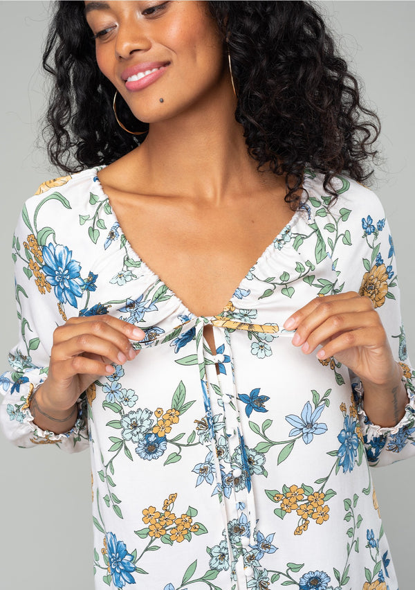Floral Long Sleeve Tied Deep V Neck Blouse