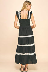 Ruffle Strap Crochet Trim Tiered Maxi Dress Black