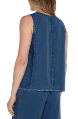 Fray Panel Insets Scoop Neck Tank Indigo Pinstripe