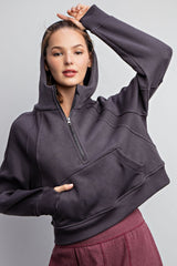 French Terry Cropped Quarter Zip Hoodie Charcoal