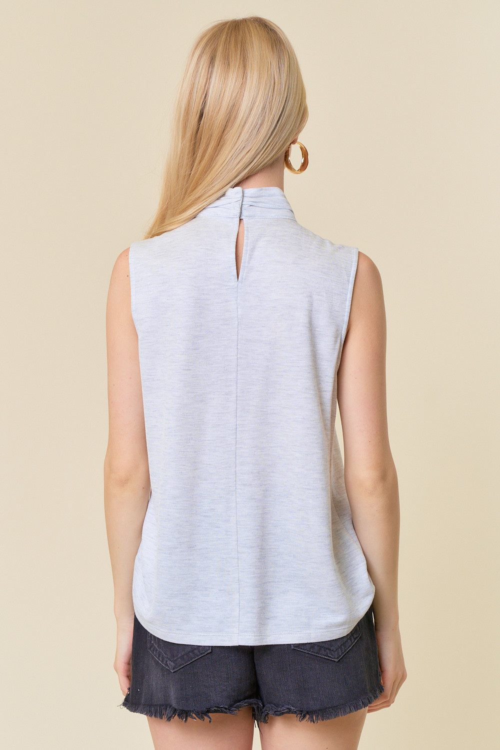 Self Mock Tie Neck Shimmer Sleeveless Blouse Light Grey