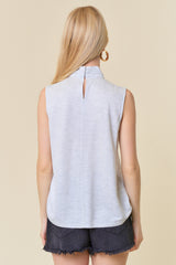 Self Mock Tie Neck Shimmer Sleeveless Blouse Light Grey