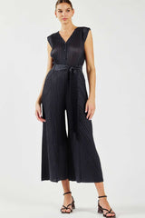 Mixed Pleated Button Detail Tie Belt Jumpsuit Grey