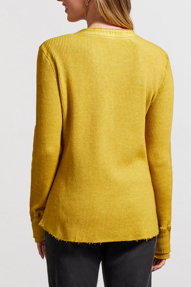 Fray Hem Double Layered Cuff Henley Chartreuse