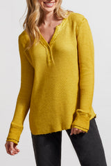 Fray Hem Double Layered Cuff Henley Chartreuse