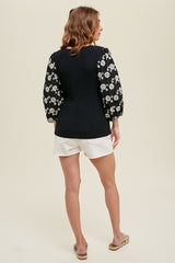 Embroidered Floral Balloon Sleeve Knit Top Black