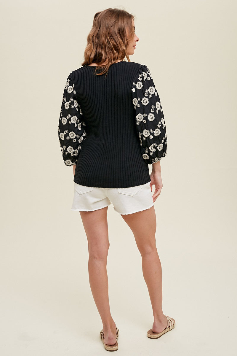Embroidered Floral Balloon Sleeve Knit Top