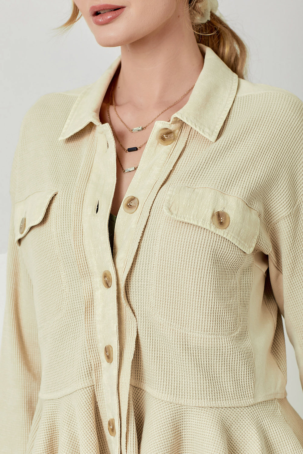 Washed Waffle Knit Ruffle Hem Cropped Jacket Almond