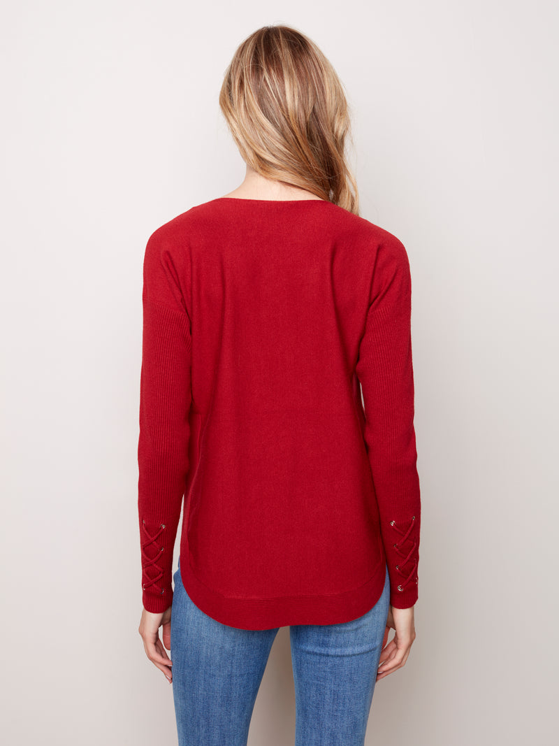 Cuff Lace Up Detail Sweater Scarlet