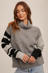 Stripe Detailed Sleeves Turtleneck Sweater Grey