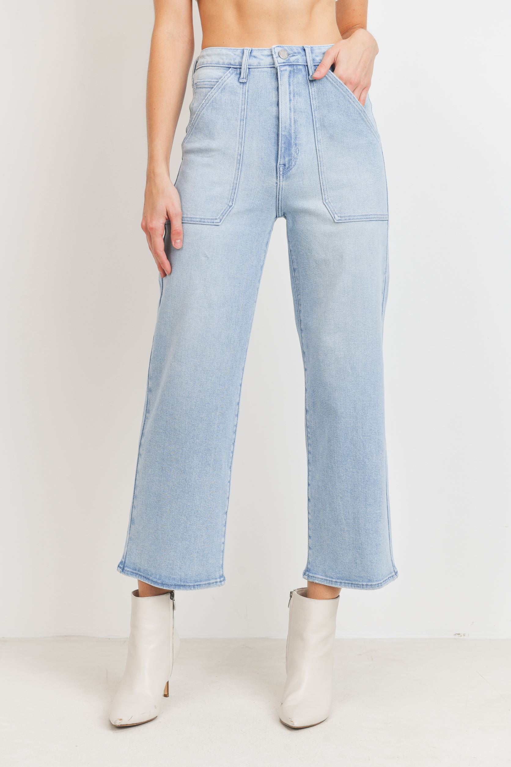 High Rise Cargo Pocket Wide Leg Jeans Light Denim