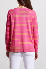 Mod Floral Stripe Contrast Sweater Hi Pink Multi