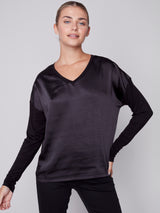 Satin Contrast Knit Top Black