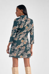 Belted Wrap Collared Long Sleeve Dress Green Floral