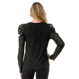 Mesh Metallic Puff Long Sleeve Top  Black