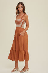 Embroidered Smock Bodice Ruched Strap Midi Dress Cinnamon