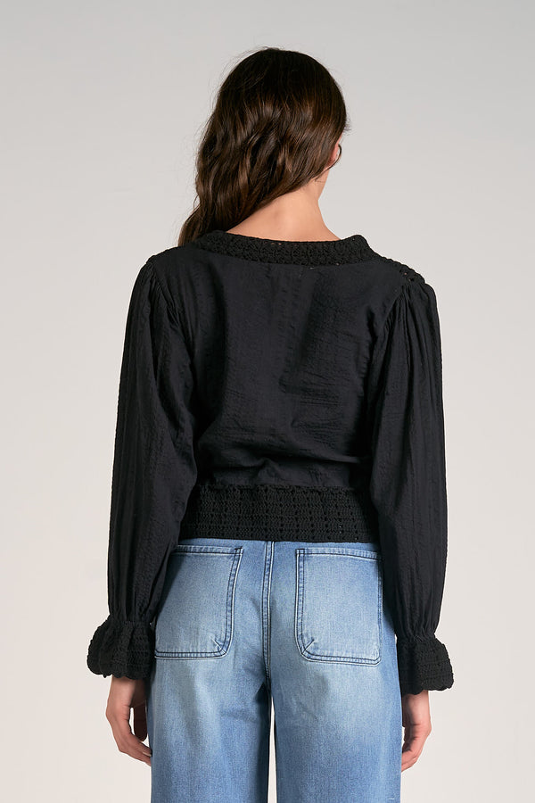 Tied Sweater Crochet Gauze Combo Top Black