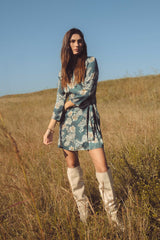 Belted Wrap Collared Long Sleeve Dress Green Floral