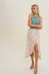Floral Asymmetric Ruffle Hem Skirt Cream + Amber