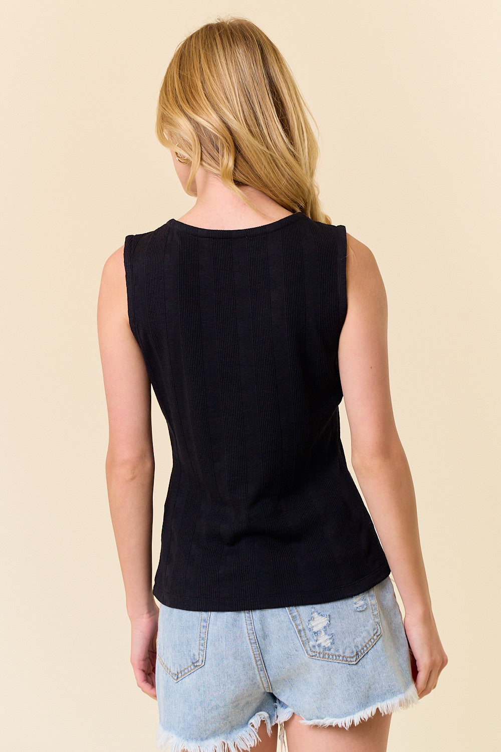 Zip Front Textured Stripes Tank Black