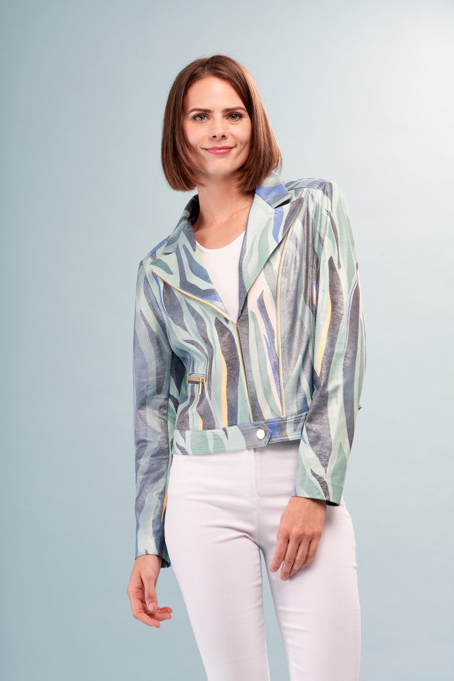 Zip Sleeve Printed Moto Jacket Blue Ocean Waves