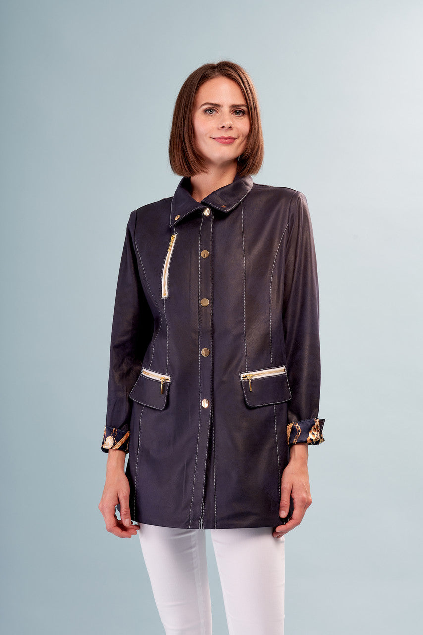 Contrast Stitch Zipper Detail Long Jacket Navy