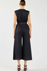Mixed Pleated Button Detail Tie Belt Jumpsuit Grey