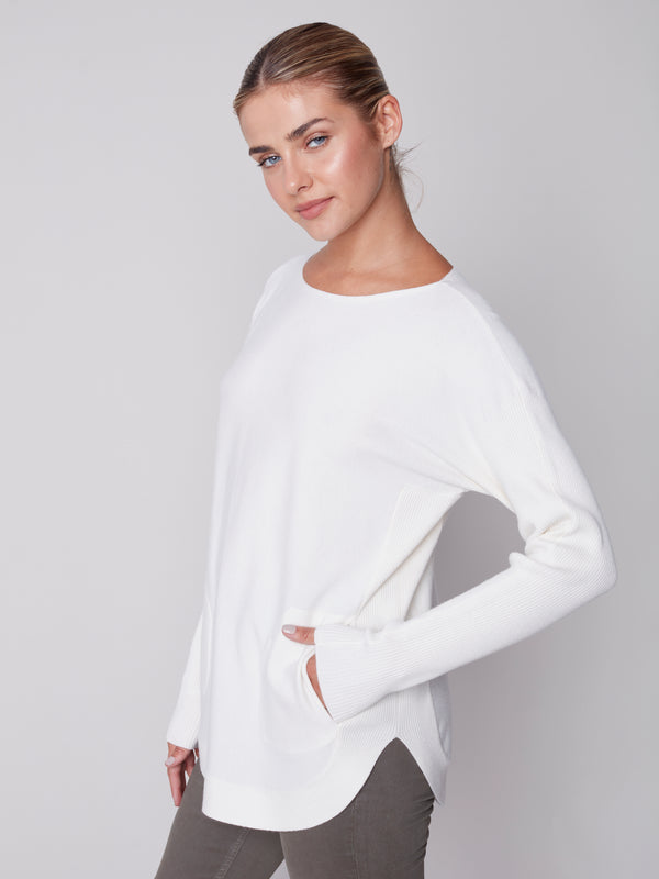 Rounded Hem Plushy Knit Back Detail Sweater Ecru