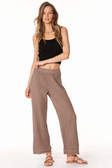 Cropped Wide Leg Fray Hem Waffle Pants Hazelnut