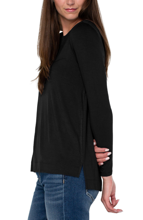 Split Hem Scoop Neck Long Sleeve Shirt Black
