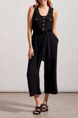 Button Front Tied Belt Jumpsuit Black