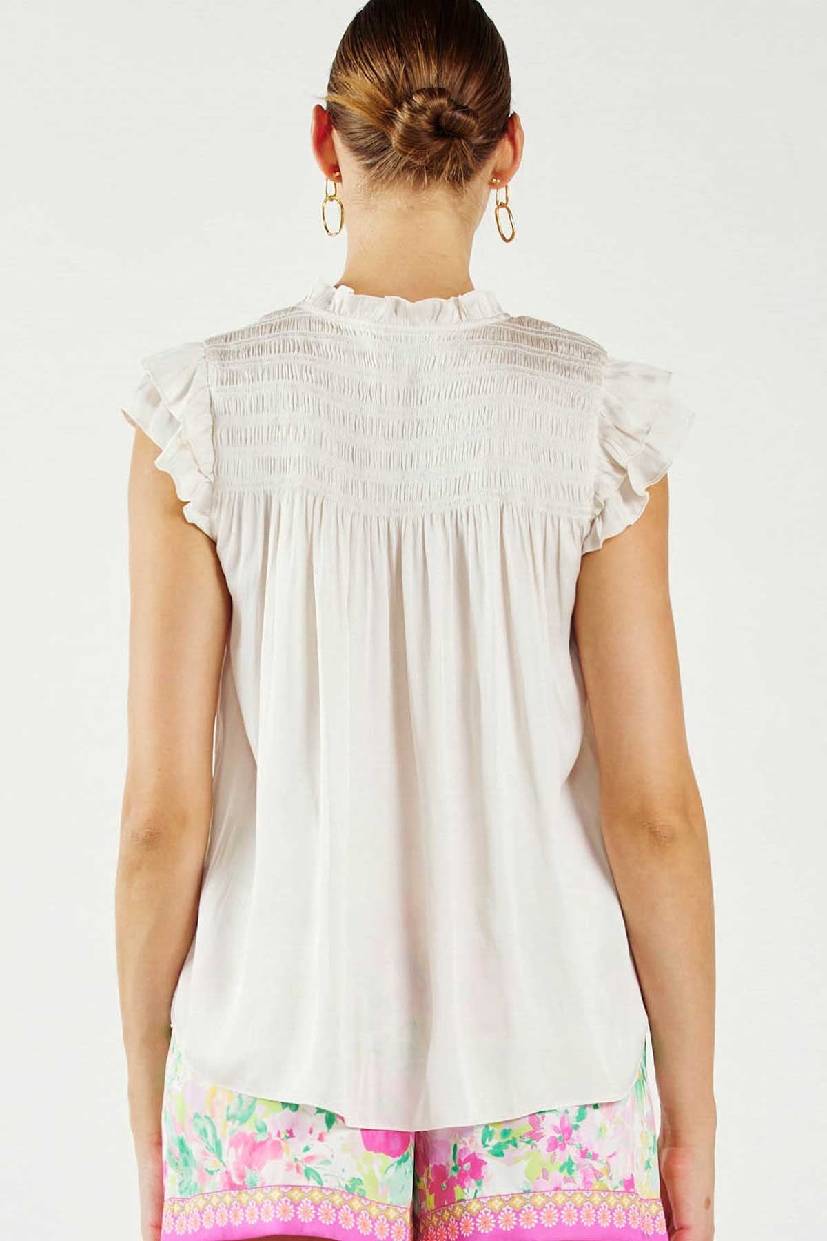 Flutter Sleeve Ruffled Split Neck Smocked Yoke Blouse Pearl