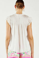 Flutter Sleeve Ruffled Split Neck Smocked Yoke Blouse Pearl