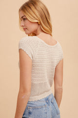 Lace Up Front Scallop Hem Sweater Top Light Grey