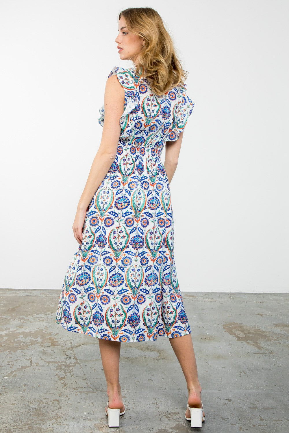 Trimmed Vneck Ruffle Sleeve Flower Print Maxi Dress Blue