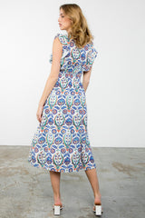 Trimmed Vneck Ruffle Sleeve Flower Print Maxi Dress Blue