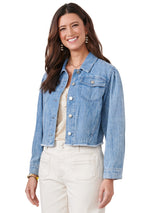 Puff Sleeve Fray Hem Denim Jacket Light Blue