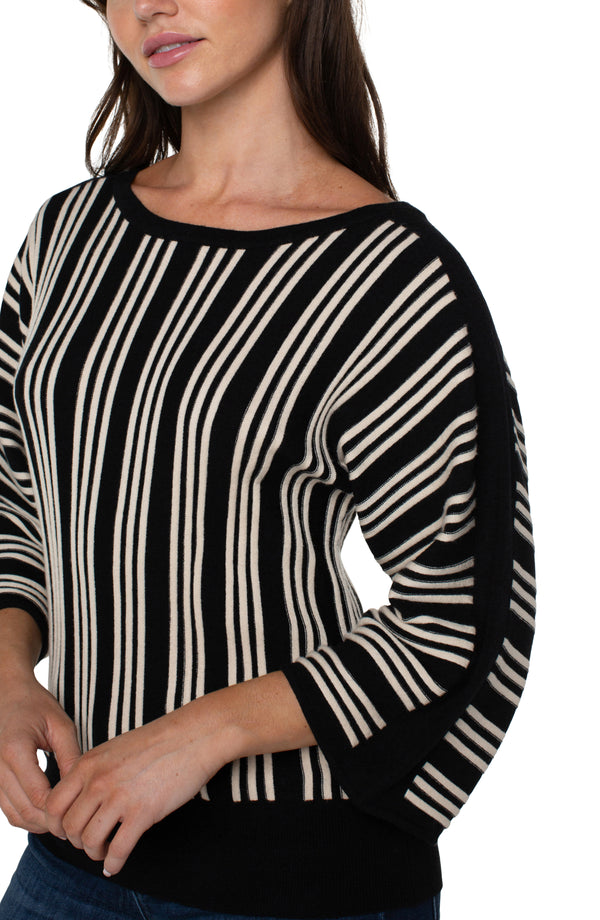 Vertical Stripe Detail 3/4 Dolman Sleeve Sweater Black + Ecru Stripe