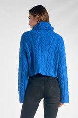 Cropped Textured Knit Turtleneck Sweater Indigo