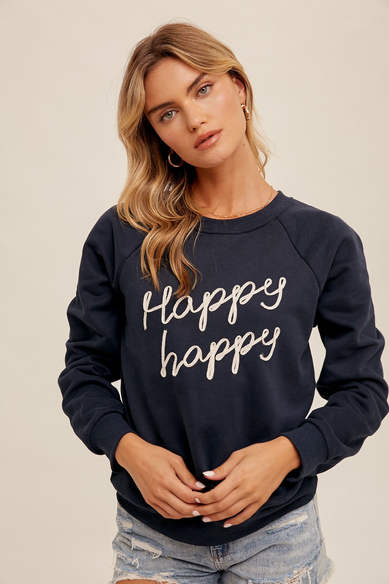 "Happy, Happy" Embroidered Sweatshirt Midnight Blue