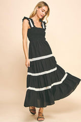 Ruffle Strap Crochet Trim Tiered Maxi Dress Black