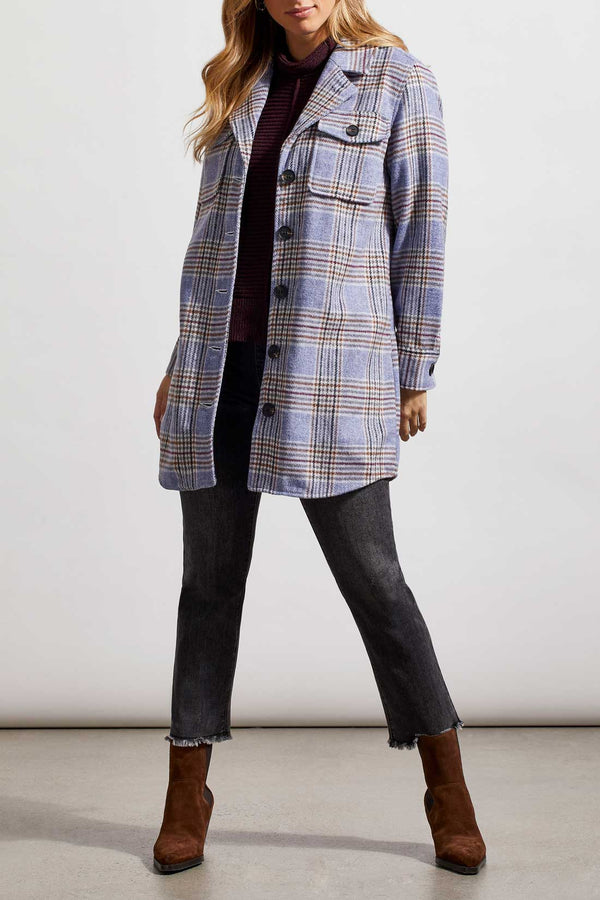 Notch Collar Plaid Long Shacket Blue Lake