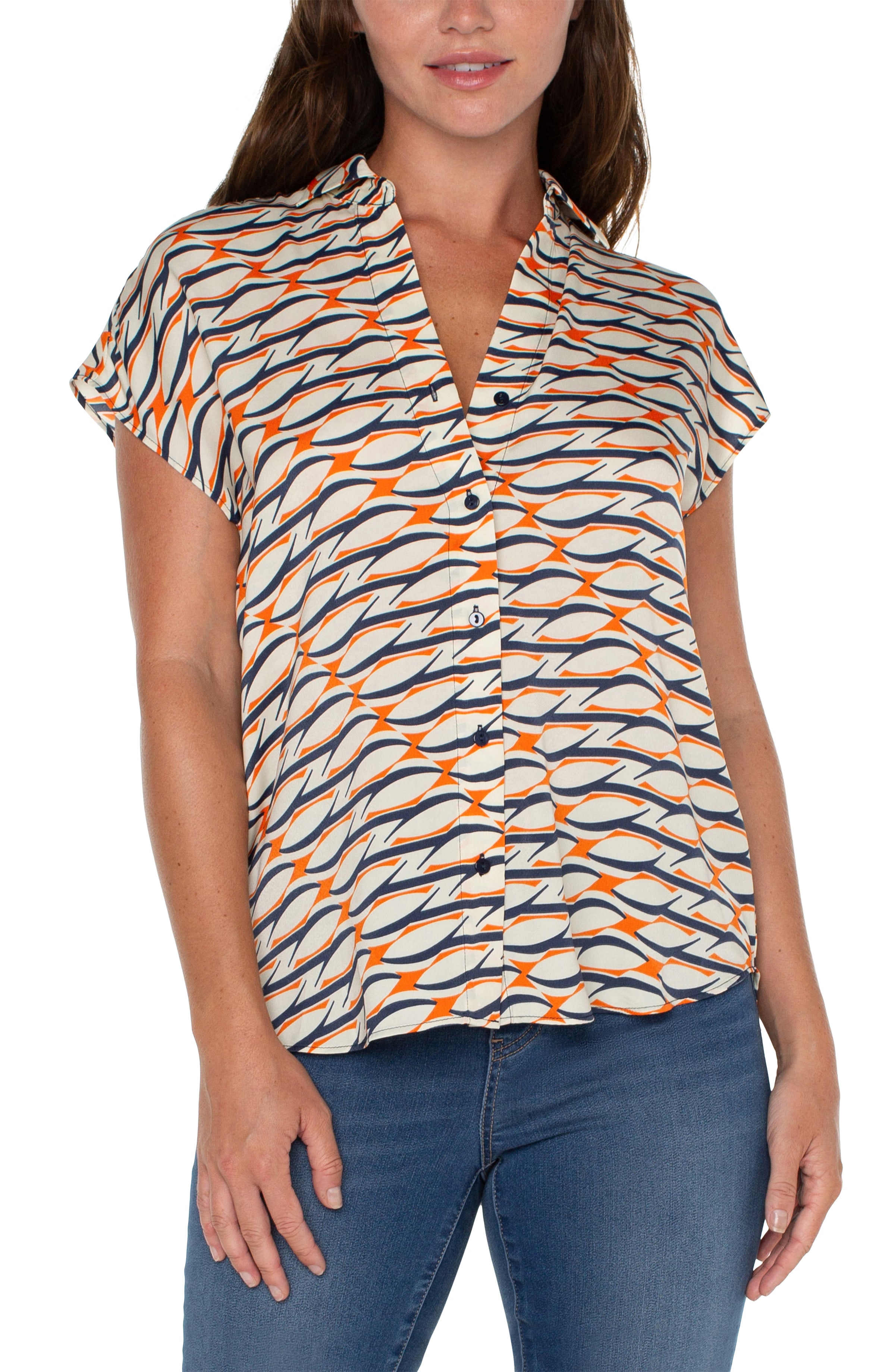 Dolman Sleeve Collared Button Down Blouse Lava Geo