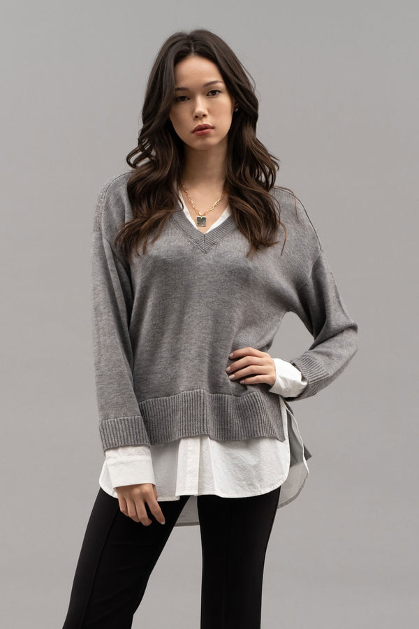 Layered Vneck Long Sleeve Sweater Grey