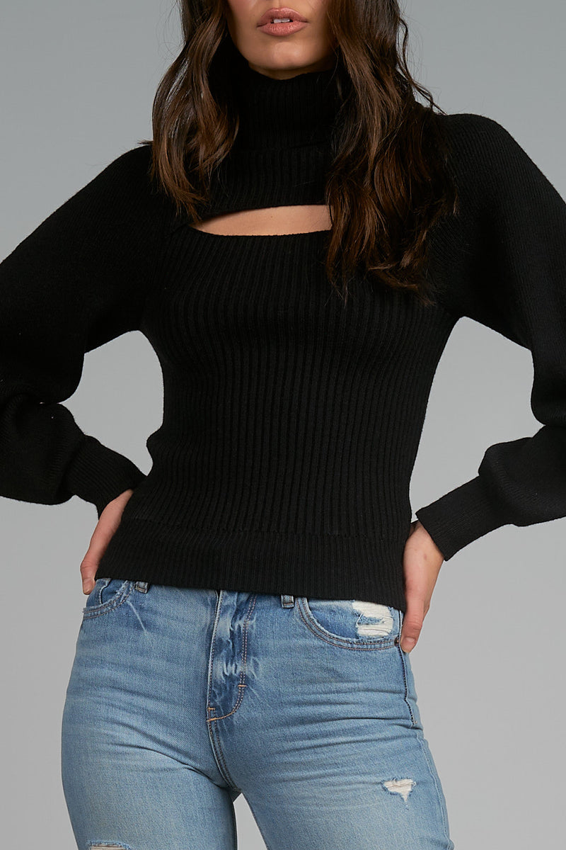 Open Neck Puff Sleeve Sweater Black